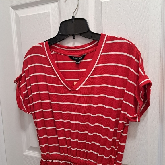 ❤️ New! Yummie Striped Dress Red And White Stripes V-neck XS Short Sleeved Dress - Picture 11 of 13